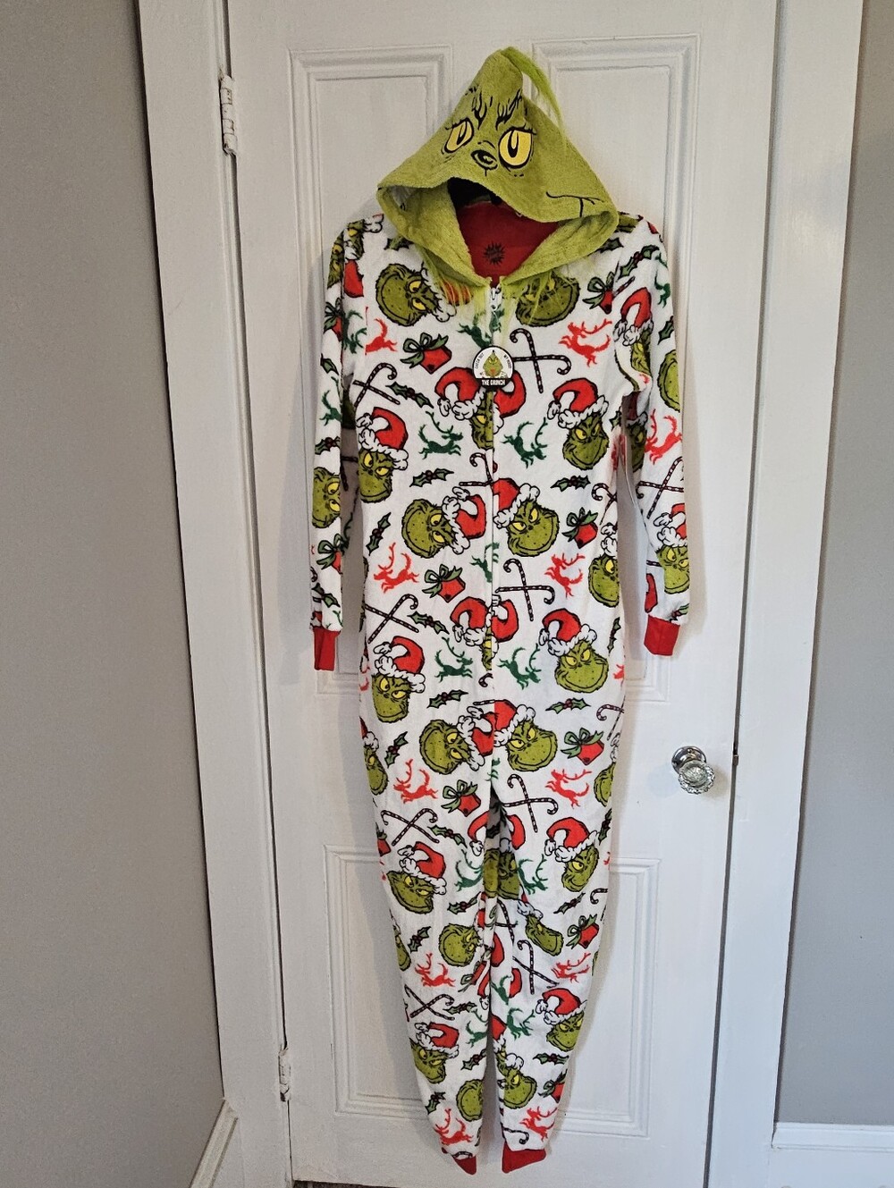 NWT The Grinch Dr. Seuss Womens XS Super Minky One-Piece Pajamas Hood Christmas